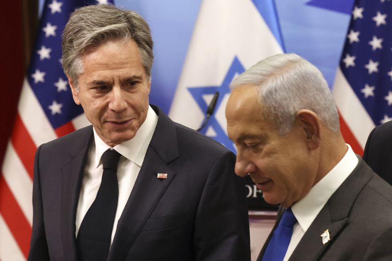 FILE - U.S. Secretary of State Antony Blinken, left, and Israeli Prime Minister Benjamin Netanyahu give a joint press conference, on Monday, Jan. 30, 2023 in Jerusalem. (Ronaldo Schemidt/Pool via AP, File)