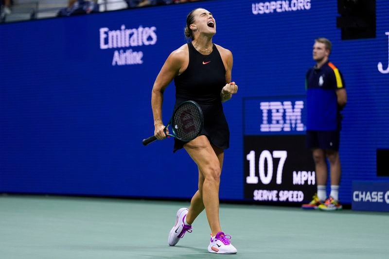 Aryna Sabalenka, of Belarus, reacts during a match against Erika Andreeva, of Russia, in the third round of the U.S. Open tennis championships Saturday, Aug. 31, 2024, in New York. (AP Photo/Julia Nikhinson)