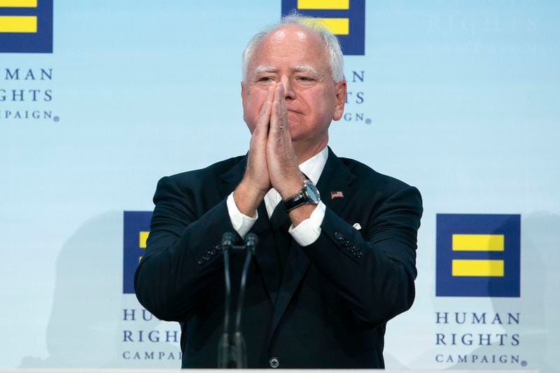 Democratic vice presidential candidate Minnesota Gov. Tim Walz speaks during the Human Rights Campaign (HRC) National Dinner at Walter E. Washington Convention Center in Washington, Saturday, Sept. 7, 2024. (AP Photo/Jose Luis Magana)