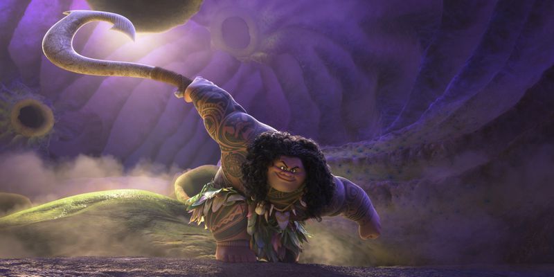 This image released by Disney shows Maui, voiced by Dwayne Johnson, in a scene from "Moana 2." (Disney via AP)