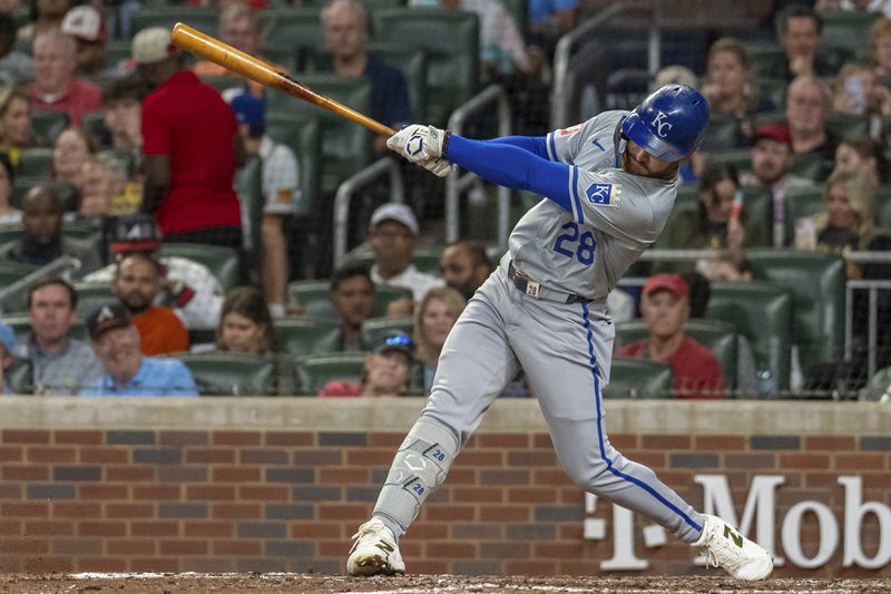 Kansas City Royals' Kyle Isbel swings for a called strike in the sixth inning of a baseball game against the Atlanta Braves, Friday, Sept. 27, 2024, in Atlanta. (AP Photo/Jason Allen)