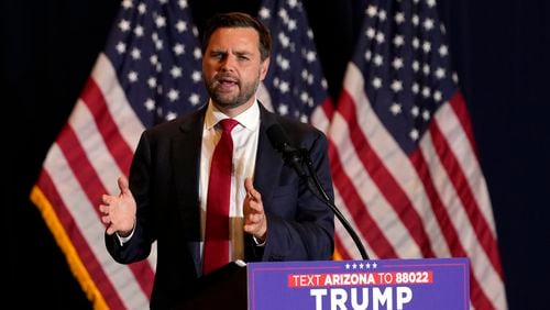 Republican vice presidential nominee Sen. JD Vance, R-Ohio, speaks at a campaign event, Thursday, Sept. 5, 2024, in Phoenix. (AP Photo/Matt York)