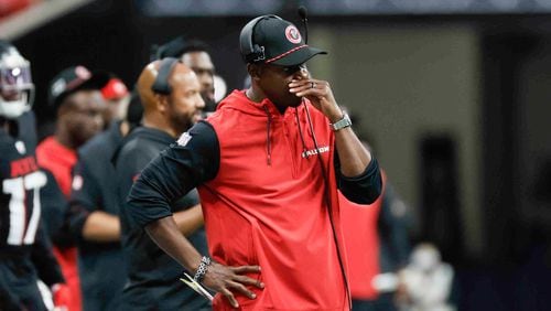 Atlanta Falcons head coach Raheem Morris reacts after Pittsburg Steelers sack Falcons quarterback Kirk Cousins during the second half of an NFL football game against the Pittsburgh Steelers on Sunday, Sept. 8, at Mercedes-Benz Stadium in Atlanta. 
(Miguel Martinez/ AJC)