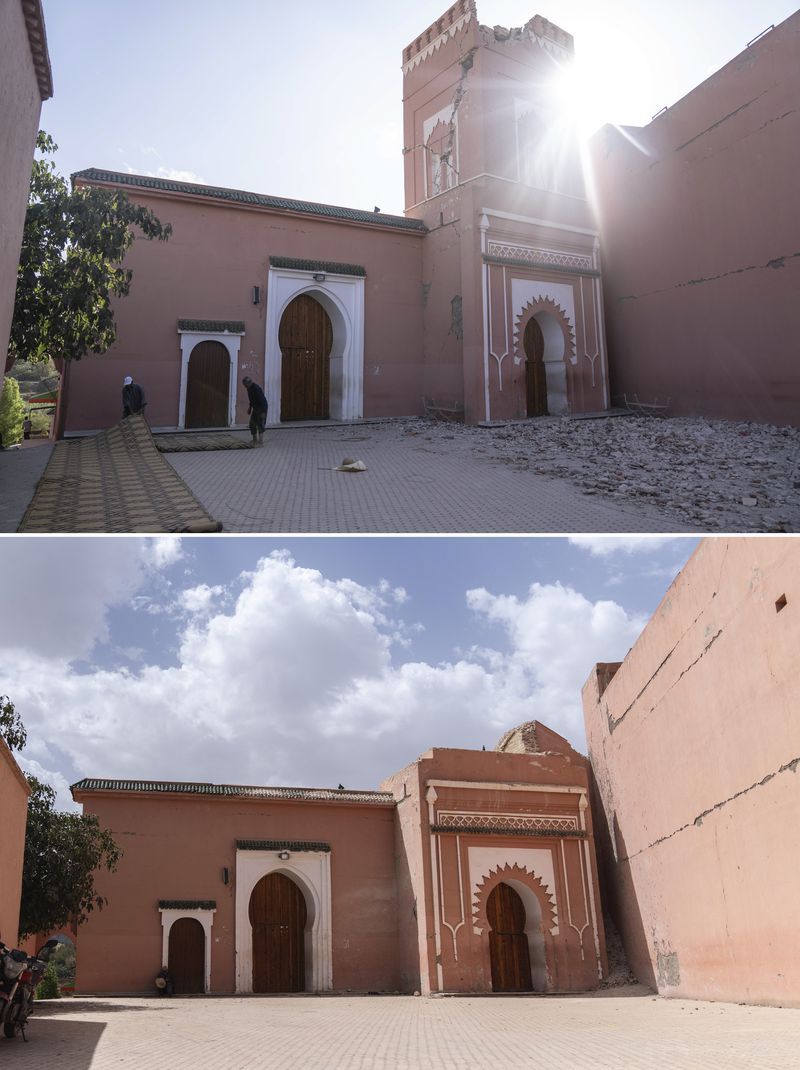 In this combination of photos, people set up rugs for prayer outside a mosque damaged in an earthquake in the town of Amizmiz, Morocco, outside Marrakech, Thursday, Sept. 14, 2023, and the same view on Sept. 4, 2024. (AP Photo/Mosa'ab Elshamy)