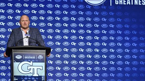 Georgia Tech head coach Brent Key speaks during the Atlantic Coast Conference NCAA college football media days, Monday, July 22, 2024, in Charlotte, N.C. (AP Photo/Matt Kelley)