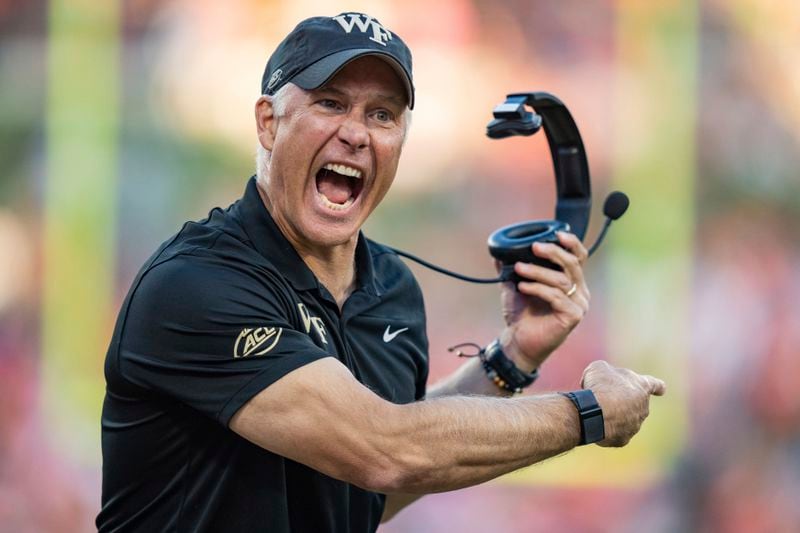 FILE - Wake Forest head coach Dave Clawson reacts during the second half of an NCAA college football game against Clemson, Saturday, Oct. 7, 2023, in Clemson, S.C. (AP Photo/Jacob Kupferman, File)