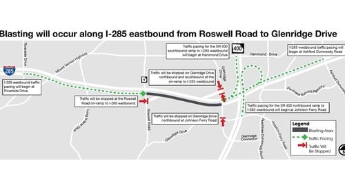 Map depicts traffic pacing and stoppages planned when crews conduct controlled blasting for the I-285/Ga. 400 interchange reconstruction project in the Sandy Springs-Dunwoody area. GEORGIA DEPARTMENT OF TRANSPORTATION