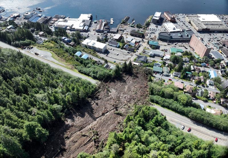 This drone photo taken by the Alaska Department of Transportation and Public Facilities, shows the landslide in Ketchikan, Alaska, Aug. 26, 2024. (Travis Watkins via AP Photo)