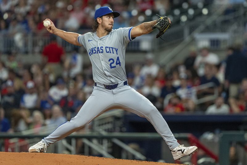 Kansas City Royals pitcher Michael Lorenzen throws in the fourth inning of a baseball game against the Atlanta Braves, Saturday, Sept. 28, 2024, in Atlanta. (AP Photo/Jason Allen)