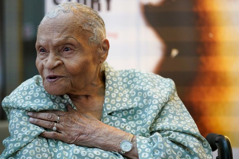 FILE - Tulsa Race Massacre survivor Viola Ford Fletcher gestures while speaking during an interview with The Associated Press, June 16, 2023, in New York. Attorneys for Fletcher and Lessie Benningfield Randle, the last two remaining survivors of the massacre, asked the Oklahoma Supreme court Tuesday, July 2, 2024, to reconsider the case they dismissed last month and called on the Biden administration to help the two women seek justice. (AP Photo/Mary Altaffer, File)