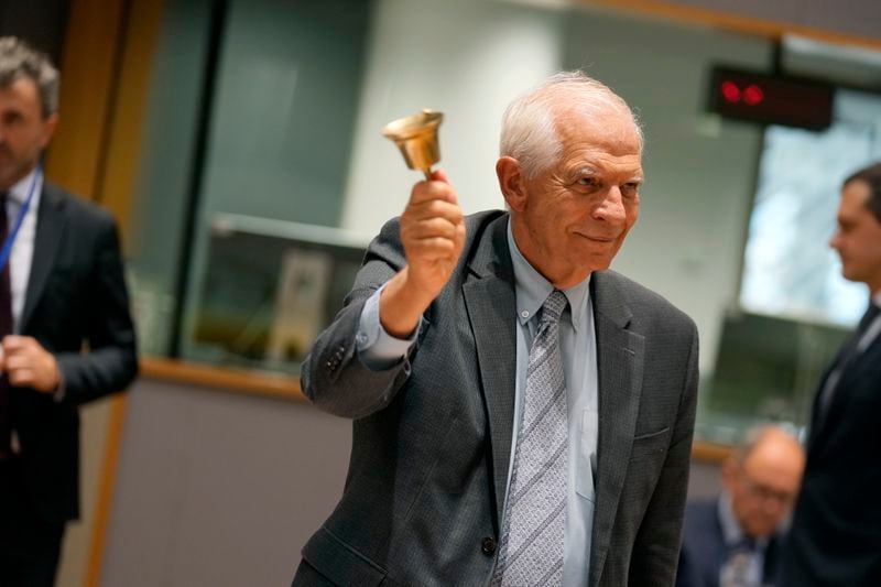 European Union foreign policy chief Josep Borrell rings a bell to signify the start of a meeting of EU foreign ministers at the European Council building in Brussels, Thursday, Aug. 29, 2024. (AP Photo/Virginia Mayo)