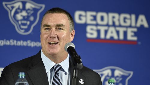 December 9, 2016, Atlanta - Shawn Elliott speaks at a press conference where he was introduced as the head football coach for Georgia State in Atlanta, Georgia, on Friday, December 9, 2016. (DAVID BARNES / DAVID.BARNES@AJC.COM)