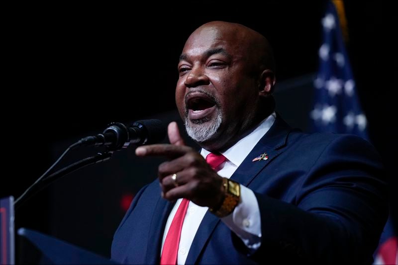 North Carolina Lt. Gov. Mark Robinson speaks before Republican presidential nominee former President Donald Trump at a campaign rally in Asheville, N.C., Wednesday, Aug. 14, 2024. (AP Photo/Matt Rourke)