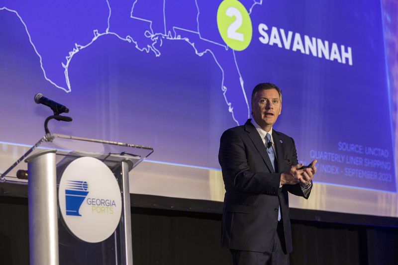 (2023 file photo) Georgia Ports Authority President and CEO Griff Lynch speaks during the annual State of the Port event in Savannah, Ga. (AJC Photo/Stephen Morton, Georgia Ports Authority)