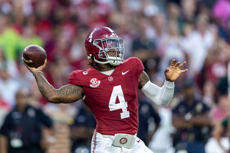 Alabama quarterback Jalen Milroe (4) throws the ball against South Florida during the first half of an NCAA college football game, Saturday, Sept. 7, 2024, in Tuscaloosa, Ala. (AP Photo/Vasha Hunt)