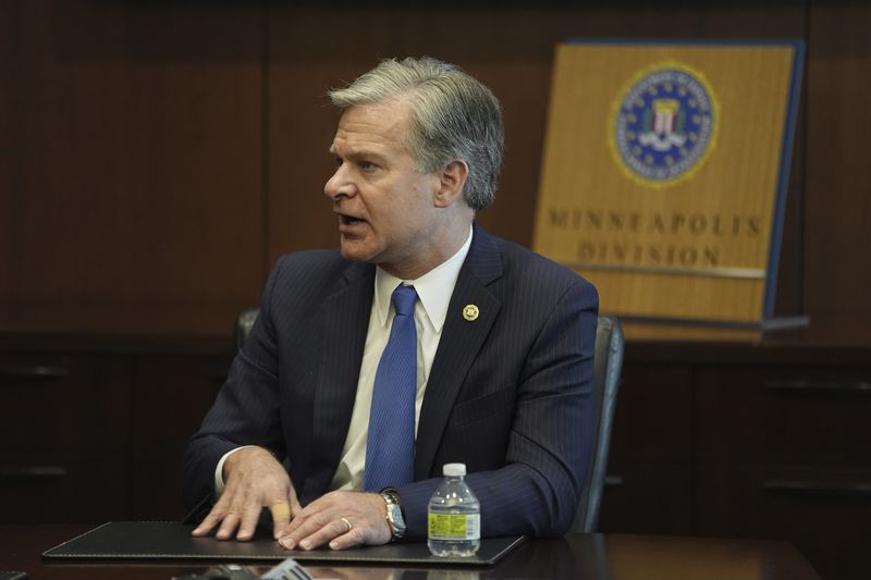 FBI Director Christopher Wray answers questions during an interview, Wednesday, Aug. 21, 2024, in Brooklyn Center, Minn. (AP Photo/Abbie Parr)