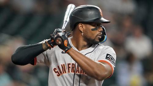 San Francisco Giants designated hitter Jorge Soler (2) during a baseball game against the Arizona Diamondbacks Wednesday, June 5, 2024, in Phoenix. (AP Photo/Darryl Webb)