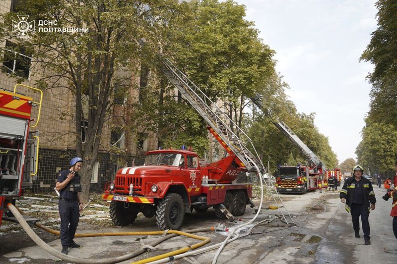 In this photo provided by the State Emergency Service of Ukraine on September 4, 2024, Rescue workers work at a site of military university hit by a Russian strike in Poltava, Ukraine. (State Emergency Service of Ukraine via AP)