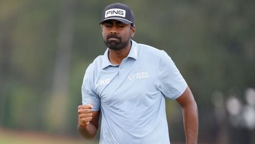 Sahith Theegala reacts after his putt on the seventh green during the final round of the Tour Championship at East Lake Golf Club, Sunday, Sept. 1, 2024, in Atlanta. 
(Miguel Martinez / AJC)