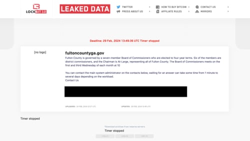 A page on the dark web shows the LockBit ransomware timer, which was set to expire at 8:50 a.m. Feb. 29, 2024, stopped after the deadline. No documents were immediately released. The timer, which threatened to release stolen Fulton County documents including residents' personal data, was reset and then stopped following an international law enforcement operation against the ransomware group.