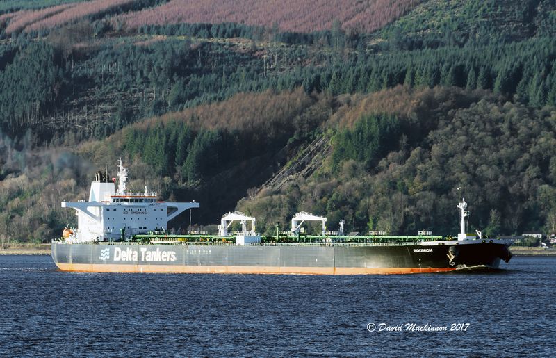 The Greek-flagged oil tanker Sounion is seen heading into the Finnart Ocean Terminal in the United Kingdom on Nov. 29, 2017. The Sounion traveling through the Red Sea came under repeated attack Wednesday, Aug. 21, 2024, leaving the vessel "not under command" and drifting ablaze after an assault suspected to have been carried out by Yemen's Houthi rebels, the British military said. (David Mackinnon via AP)