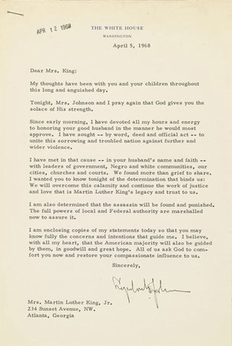 This undated photo released by Sotheby's auction house in New York shows an April 5, 1968, letter of condolence from President Lyndon B. Johnson to Coretta Scott King after the assassination of her husband Martin Luther King Jr. The letter and two other manuscripts, which Sotheby's had planned to sell on behalf of entertainer Harry Belafonte Thursday, Dec. 11, 2008, has been pulled from the auction over objections by King's estate, which disputes Belafonte's ownership of the works.