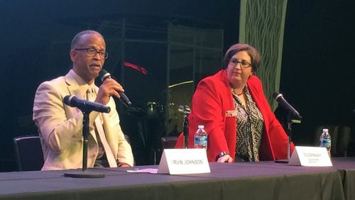 DeKalb County Tax Commissioner Irvin Johnson and attorney Susannah Scott participated in a candidate forum for the tax commissioner’s position at New Life Church on Monday. The third candidate in the race, former DeKalb Commissioner Stan Watson, didn’t attend the forum. MARK NIESSE / MARK.NIESSE@AJC.COM.