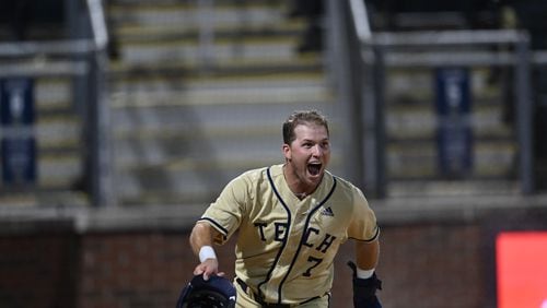 Georgia Tech shortstop Luke Waddell celebrates scoring the game-winning run in the Yellow Jackets' 7-6 win in 14 innings over Georgia at Russ Chandler Stadium on May 20, 2021. (Danny Karnik/Georgia Tech Athletics)