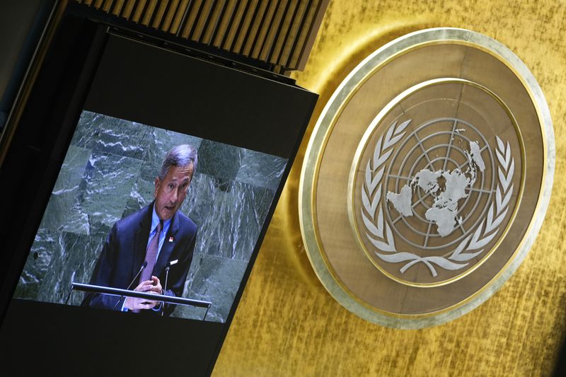 Singapore's Minister for Foreign Affairs Vivian Balakrishnan addresses the 79th session of the United Nations General Assembly, Saturday, Sept. 28, 2024. (AP Photo/Pamela Smith)