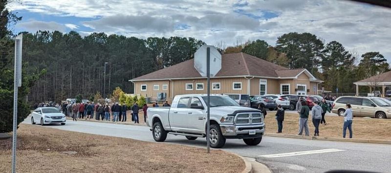 At the Eastside voting location in Coweta County Friday morning, the line was around the building. (Contributed)