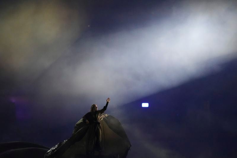 French singer Santa performs Johnny Hallyday's song ''Vivre pour le Meilleur'' during the closing ceremony for the 2024 Paralympics, Sunday, Sept. 8, 2024, in Paris, France. (AP Photo/Thibault Camus)