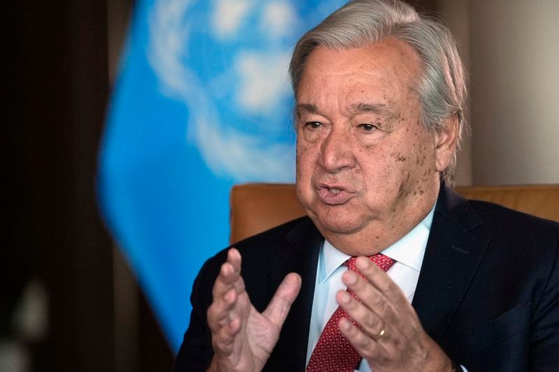 United Nations Secretary-General Antonio Guterres speaks during an interview at the United Nations headquarters, Monday, Sept. 9, 2024. (AP Photo/Pamela Smith)