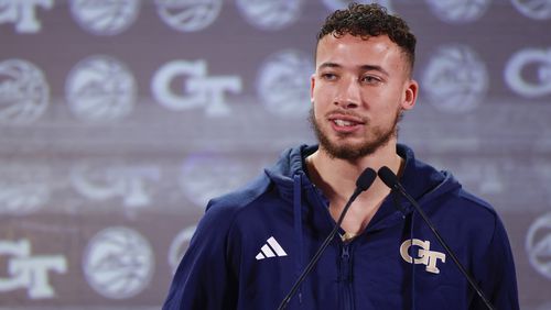 Georgia Tech guard Lance Terry answers a question at the 2023 ACC Kickoff in Charlotte, N.C., Wednesday, Oct. 25, 2023. (Photo by Nell Redmond/ACC)