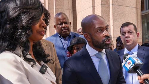 Attorney Alphonso David, gives a statement as Fearless Fund co-founder Arian Simone, CEO, left, and others participate in the press conference after appearing in federal court at the James Lawrence King Federal Justice Building in Miami, Florida, on Wednesday, January 31, 2024.