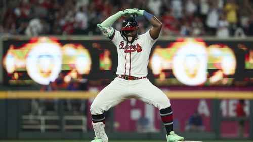 Atlanta Braves outfielder Michael Harris II (23) reacts on second base after hitting a RBI double during the third inning against the New York Mets at Truist Park, Tuesday, Sept. 24, 2024, in Atlanta. The Braves won 5-1. (Jason Getz / AJC)

