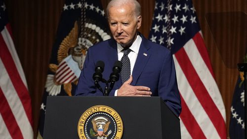 FILE - President Joe Biden speaks at an event commemorating the 60th Anniversary of the Civil Rights Act, Monday, July 29, 2024, at the LBJ Presidential Library in Austin, Texas. Ten days since ending his reelection campaign after losing the confidence of his party, Biden is still coming to terms with the stunning political whiplash he — and the country — experienced. The Democratic president is privately smarting over those who orchestrated the end of his political career and the even swifter embrace of Vice President Kamala Harris as his replacement. (AP Photo/Eric Gay, File)