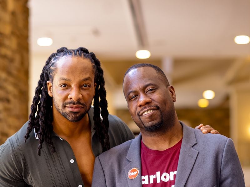 Pulitzer Prize-winning poet and Emory University professor Jericho Brown (l.) and The Counter Narrative Project executive director Charles Stephens pose during the CNP Summit from June 29-30, 2024 at Emory Conference Center in Atlanta.