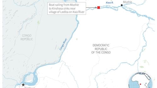 More than 80 people died when a boat ferrying passengers on Congo's Kwa River sank late Monday. (AP Graphic)