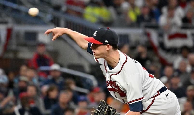 Atlanta Braves starting pitcher Kyle Wright (30) delivers to the Phillies during the second inning of game two of the National League Division Series baseball game at Truist Park in Atlanta on Wednesday, October 12, 2022. (Hyosub Shin / Hyosub.Shin@ajc.com)