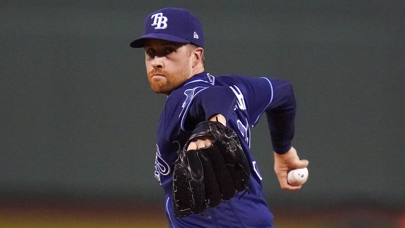 Tampa Bay Rays pitcher Collin McHugh delivers against the Boston Red Sox during the first inning during Game 4 of a baseball American League Division Series, Monday, Oct. 11, 2021, in Boston. (AP Photo/Charles Krupa)