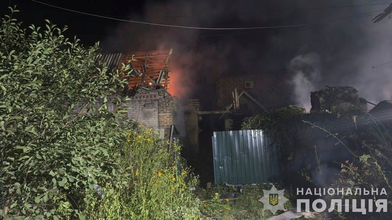 In this photo provided by the National Police of Ukraine on Tuesday, August 27, 2024, a residential house is seen on fire after Russian airstrike in Zaporizhzhia, Ukraine. (National Police of Ukraine via AP)