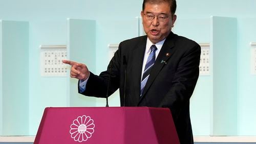 Shigeru Ishiba speaks before a runoff election at the Liberal Democratic Party's (LDP) leadership election Friday, Sept. 27, 2024, at the party headquarters in Tokyo. (AP Photo/Hiro Komae, Pool)