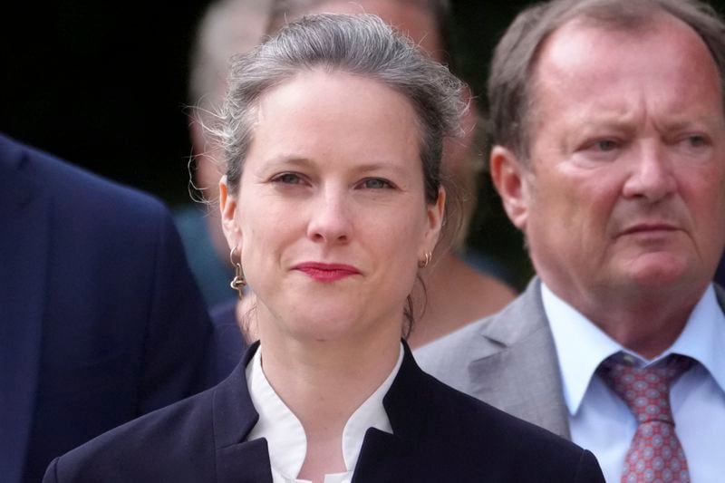 Lucie Castets, the New Popular Front coalition's choice for prime minister, arrives at the Elysee Palace as French President Emmanuel Macron holds talks with key political players in a bid to form a new government Friday, Aug. 23, 2024 in Paris. (AP Photo/Thibault Camus)