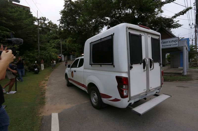 A prisoner van carrying Daniel Sancho Bronchalo arrives at Koh Samui provincial court in Surat Thani, southern Thailand, Thursday, Aug. 29, 2024. A court in Thailand has found Daniel Sancho Bronchalo, a member of a famous Spanish acting family, guilty of premeditated murder and sentenced him to life in prison, in a lurid case that involved the victim being dismembered. (AP Photo/Thanapat Cherajin)