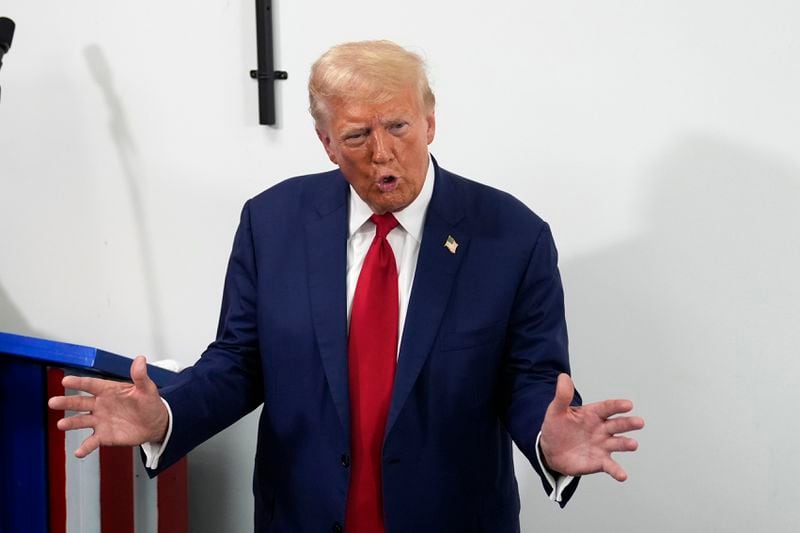 Republican presidential nominee former President Donald Trump speaks during a stop at a campaign office, Monday, Aug. 26, 2024, in Roseville, Mich. (AP Photo/Carolyn Kaster)