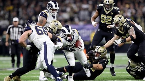 C.J. Anderson of the Los Angeles Rams runs the ball against the New Orleans Saints in the NFC Championship game at the Mercedes-Benz Superdome on January 20, 2019 in New Orleans, Louisiana. (Photo by Streeter Lecka/Getty Images)