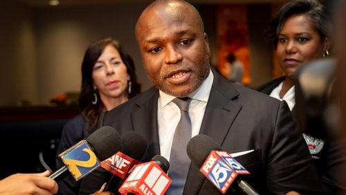 Bryan Johnson speaks to the media following his unanimous approval to be Atlanta Public Schools superintendent on Monday, July 8th, 2024. (Ben Hendren for The Atlanta Journal-Constitution)