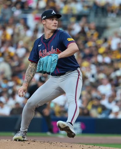 Atlanta Braves pitcher AJ Smith-Shawver (32) delivers to the San Diego Padres during the first inning of the National League Division Series Wild Card Game One at Petco Park in San Diego on Tuesday, Oct. 1, 2024.   (Jason Getz / Jason.Getz@ajc.com)