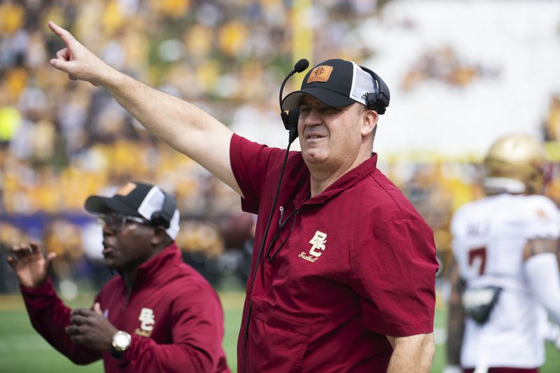 Boston College head coach Bill O'Brien directs his team during the first half of an NCAA college football game against Missouri, Saturday, Sept. 14, 2024, in Columbia, Mo. (AP Photo/L.G. Patterson)