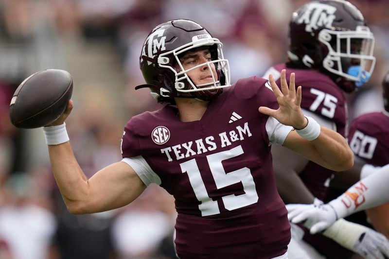 FILE - Texas A&M quarterback Conner Weigman (15) passes down field against Louisiana-Monroe during the first quarter of an NCAA college football game Saturday, Sept. 16, 2023, in College Station, Texas. (AP Photo/Sam Craft, File)